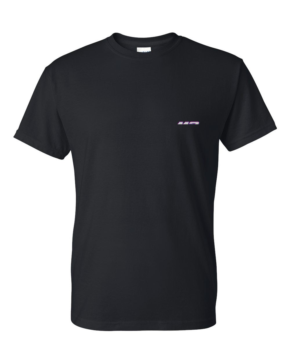 black t-shirt front view with car name on pocket