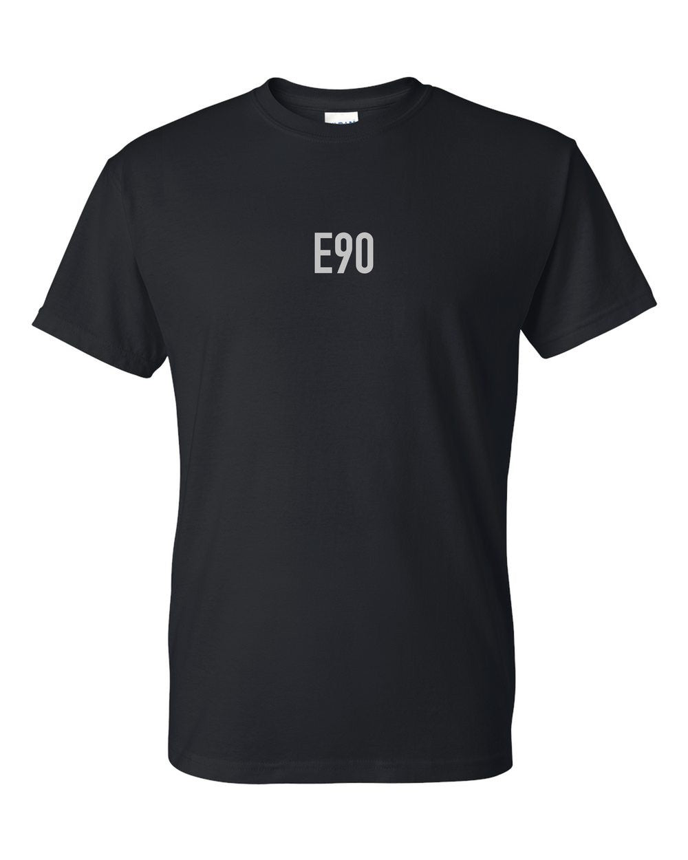 black t-shirt front view with small code mark