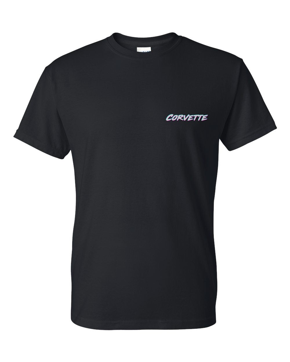 black t-shirt front view with car name on pocket