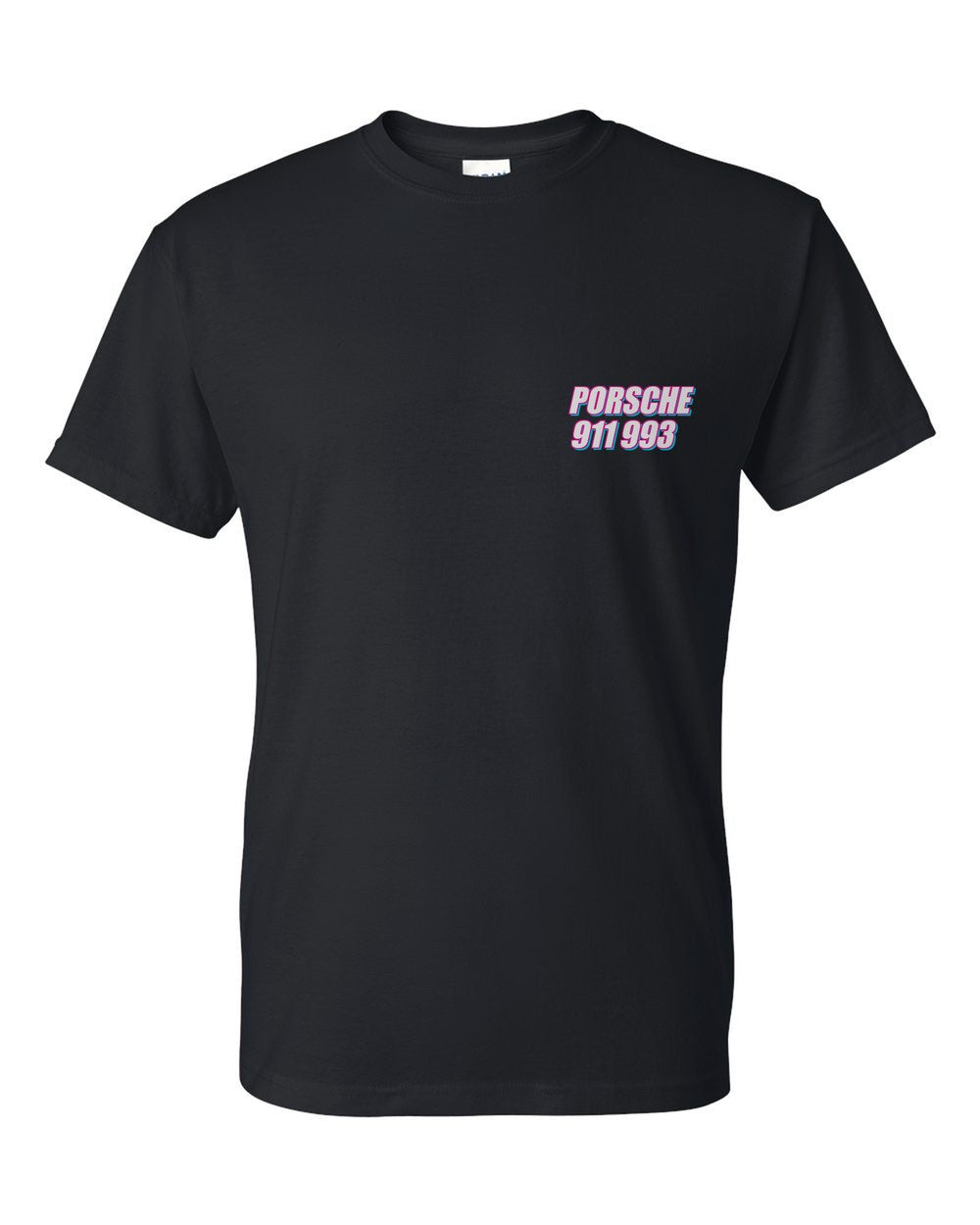 black t-shirt front view with car name on pocket