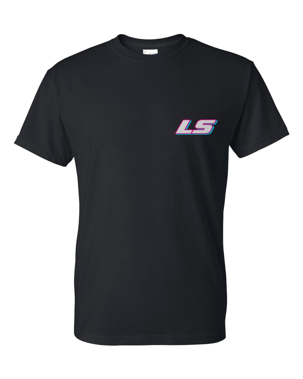 black t-shirt front view with car name on pocket