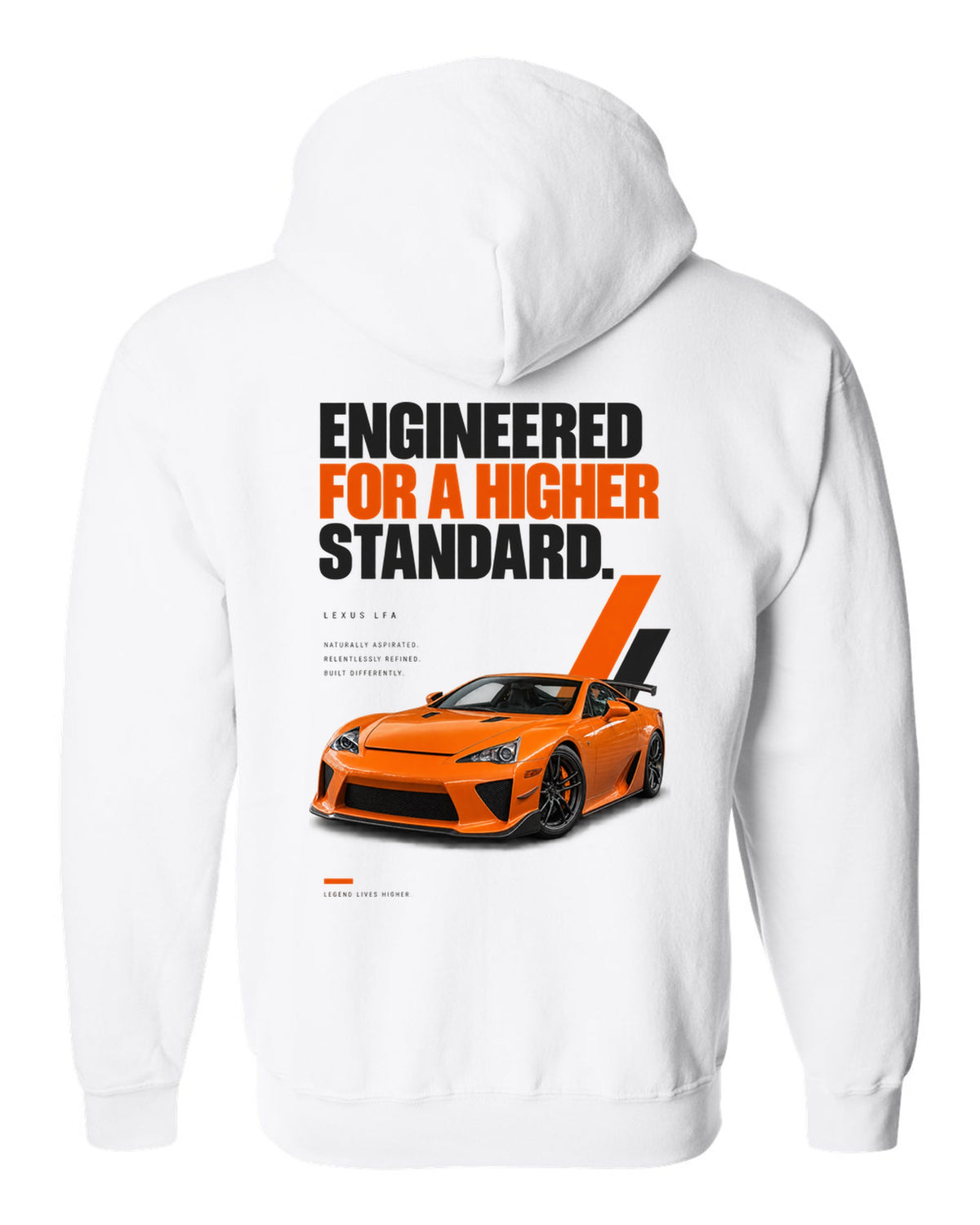 Magazine headline layout featuring the Lexus LFA and its digital tachometer white zip hoodie back view with the design