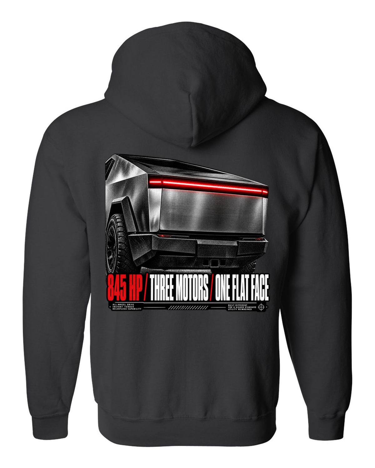 Macro of the Tesla Cybertruck Cyberbeast 2024 light bar with 845 HP and three motors text black zip hoodie back view with the design