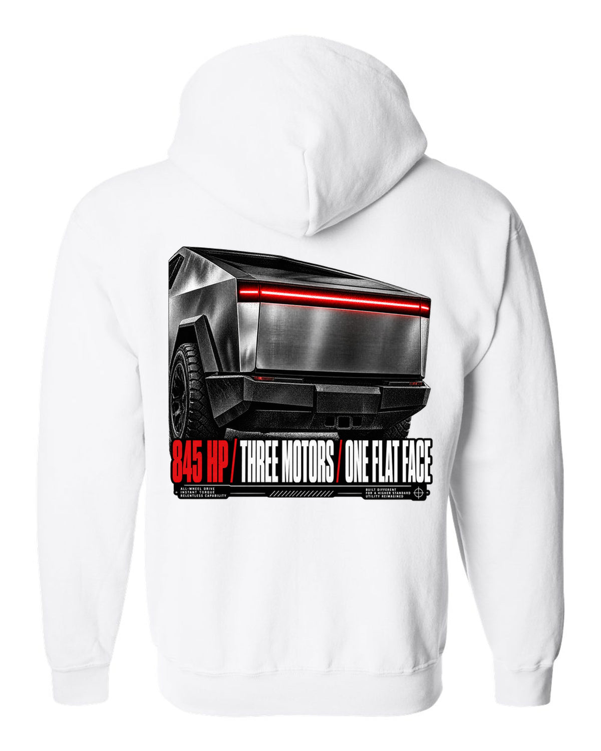 Macro of the Tesla Cybertruck Cyberbeast 2024 light bar with 845 HP and three motors text white zip hoodie back view with the design