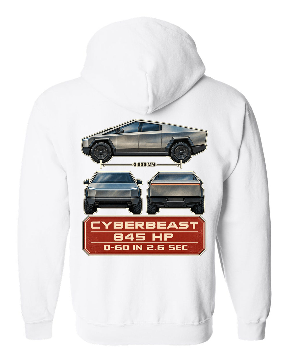 Three-view and spec table print of a Tesla Cybertruck Cyberbeast white zip hoodie back view with the design