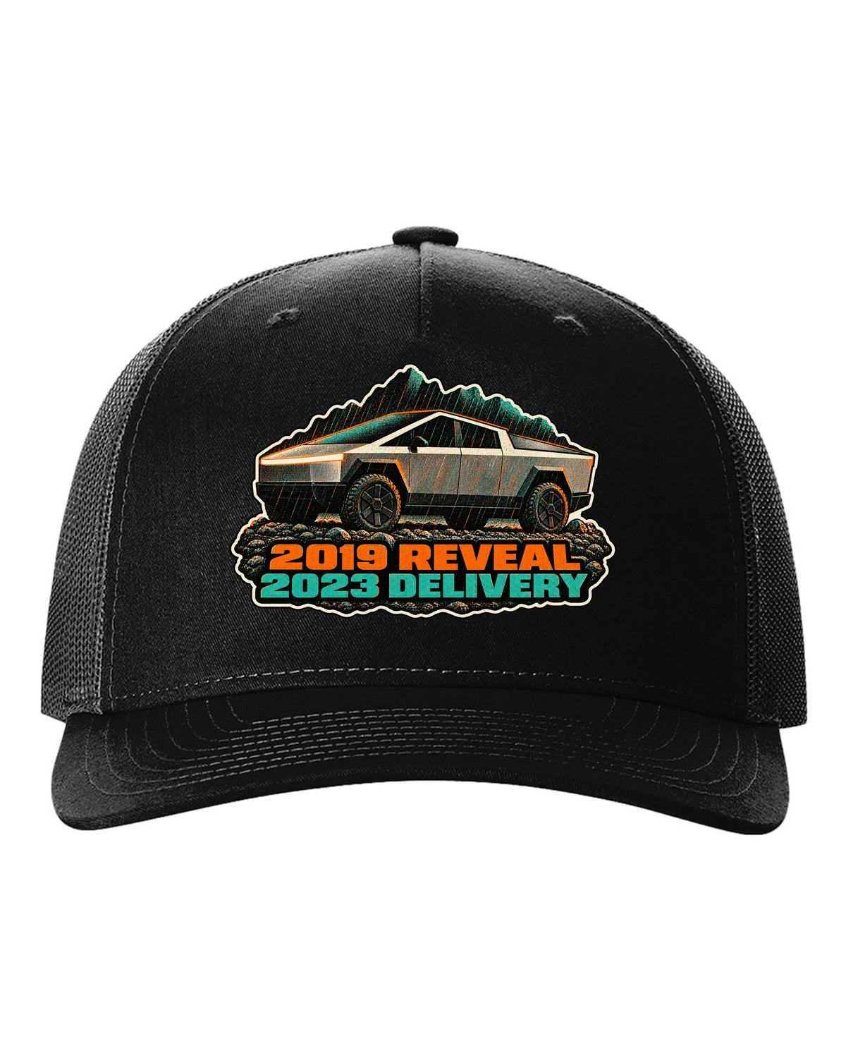 Risograph two-colour print of a 2023 Tesla Cybertruck in gravel and rain with 2019 Reveal 2023 Delivery lettering black hat front view with the design