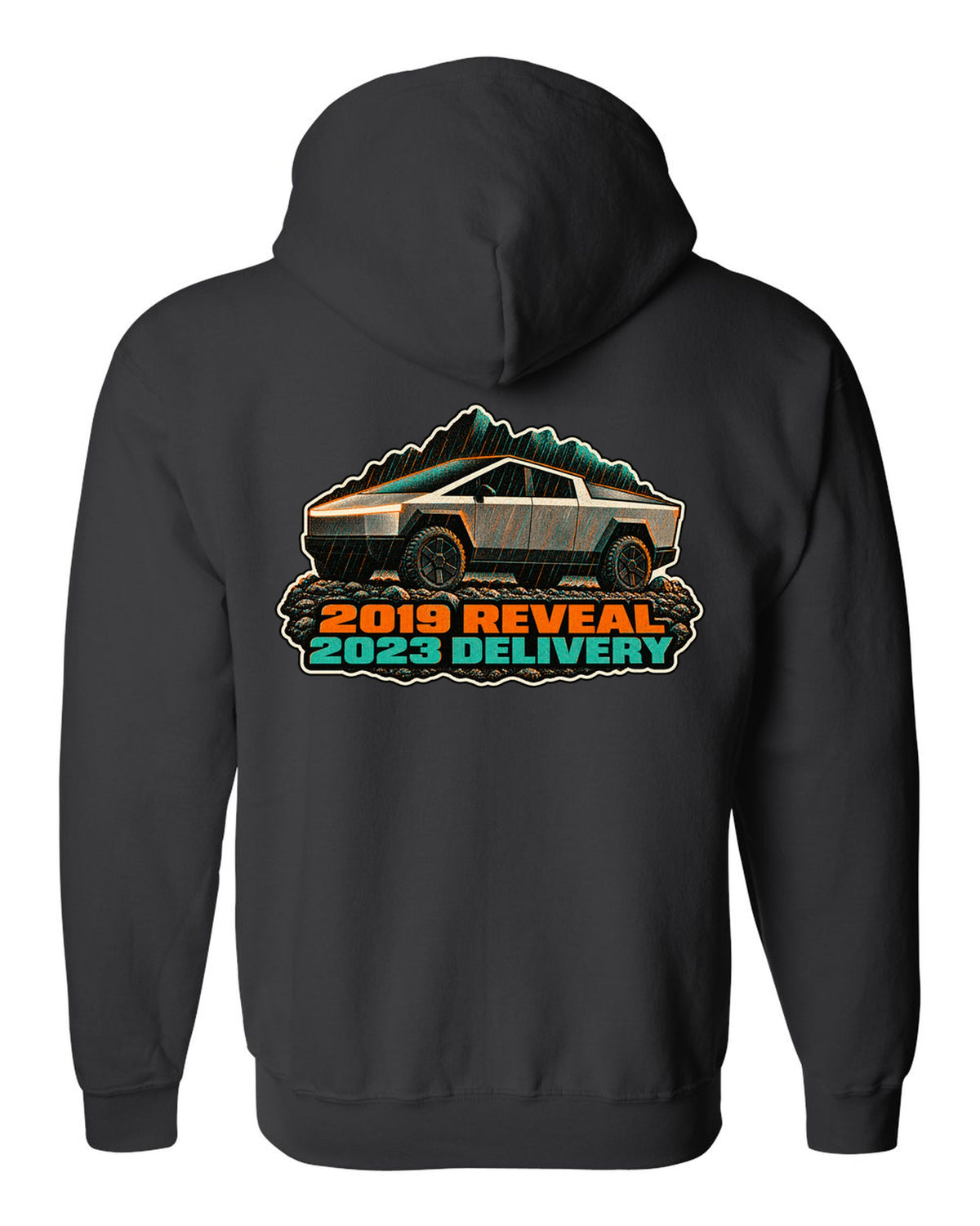 Risograph two-colour print of a 2023 Tesla Cybertruck in gravel and rain with 2019 Reveal 2023 Delivery lettering black zip hoodie back view with the design