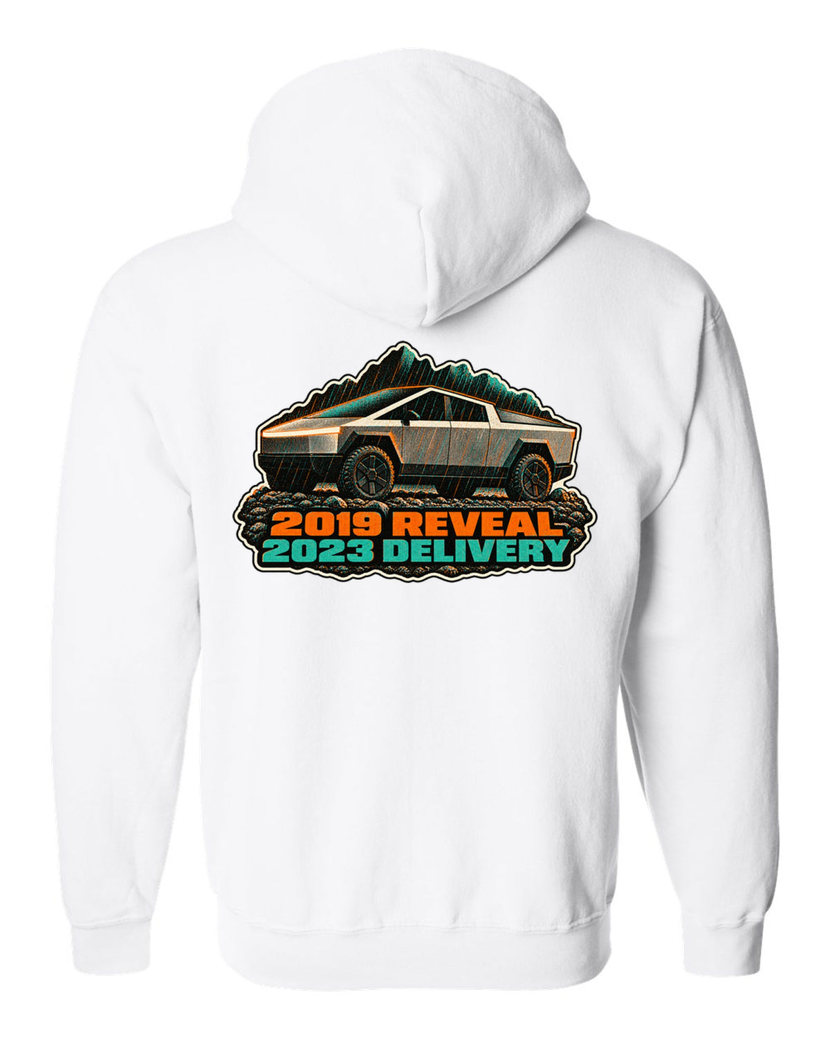 Risograph two-colour print of a 2023 Tesla Cybertruck in gravel and rain with 2019 Reveal 2023 Delivery lettering white zip hoodie back view with the design