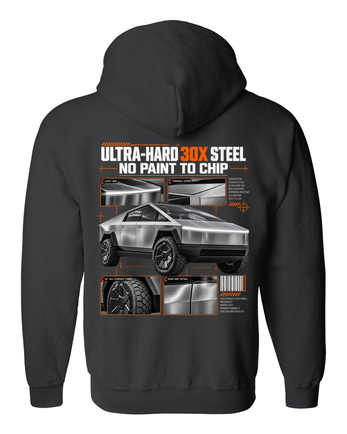 Tesla Cybertruck 2023 dossier panel graphic with ultra-hard 30X steel and no paint to chip black zip hoodie back view with the design