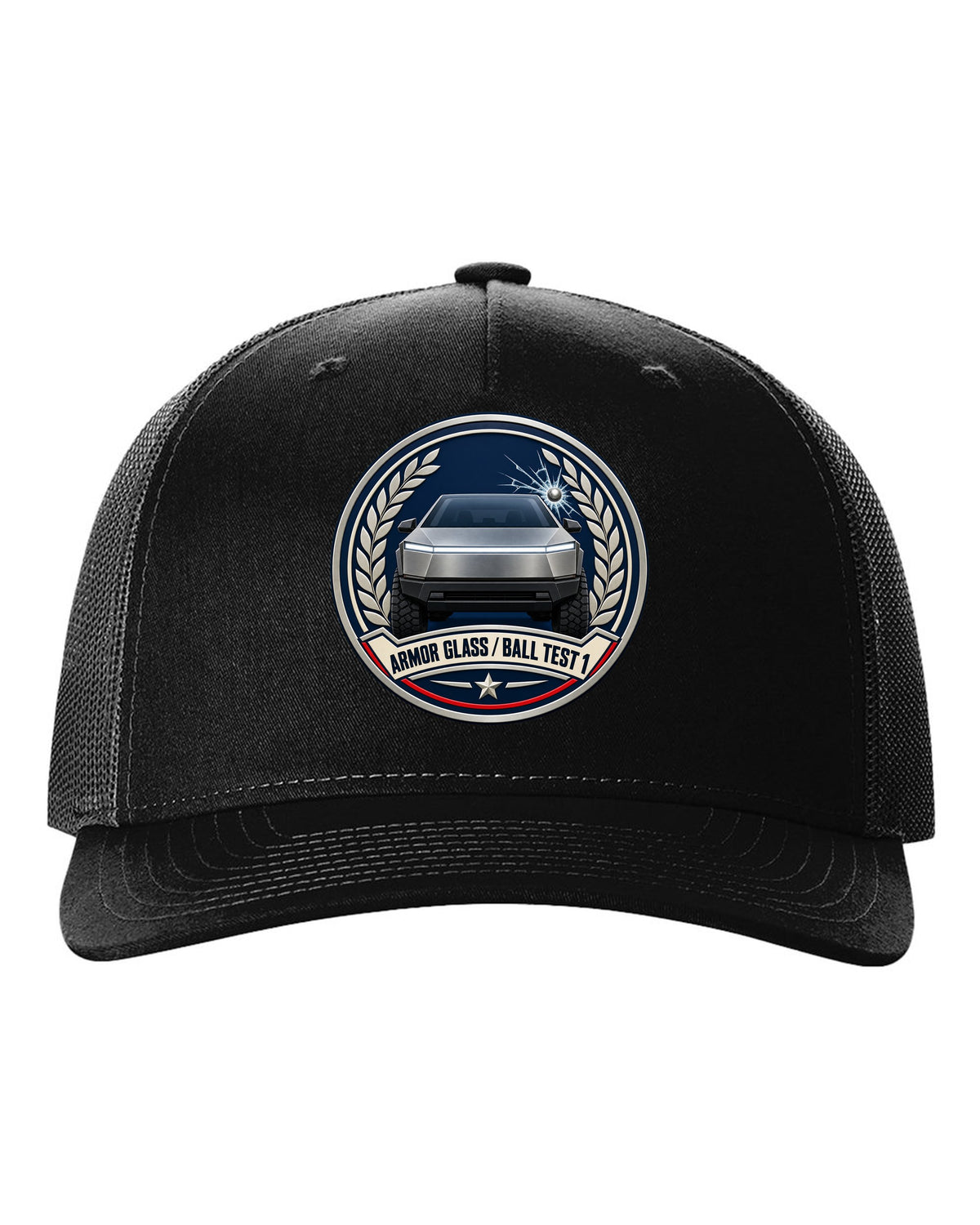 Round crest design of a 2023 Tesla Cybertruck with the words Armor Glass Ball Test 1 black hat front view with the design