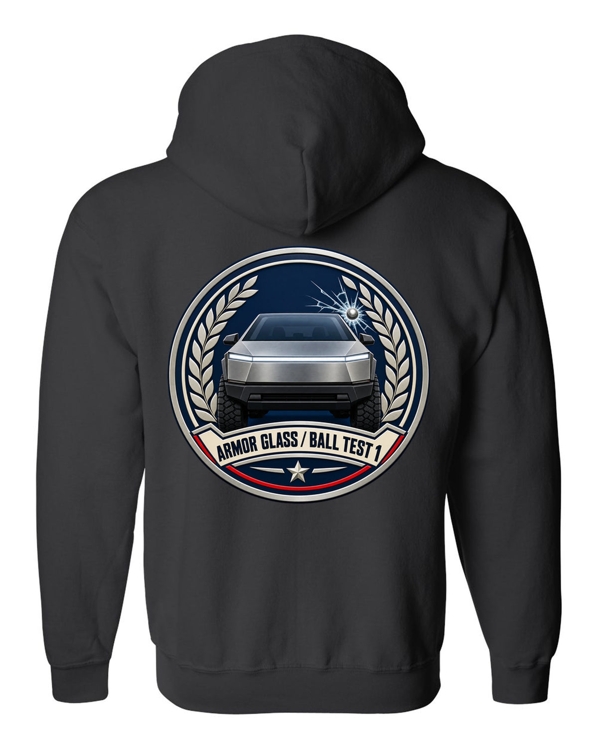 Round crest design of a 2023 Tesla Cybertruck with the words Armor Glass Ball Test 1 black zip hoodie back view with the design