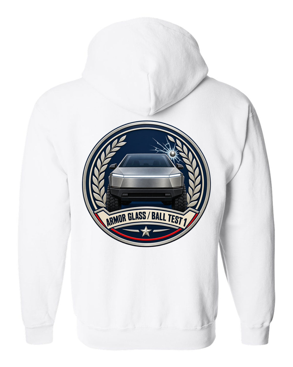 Round crest design of a 2023 Tesla Cybertruck with the words Armor Glass Ball Test 1 white zip hoodie back view with the design