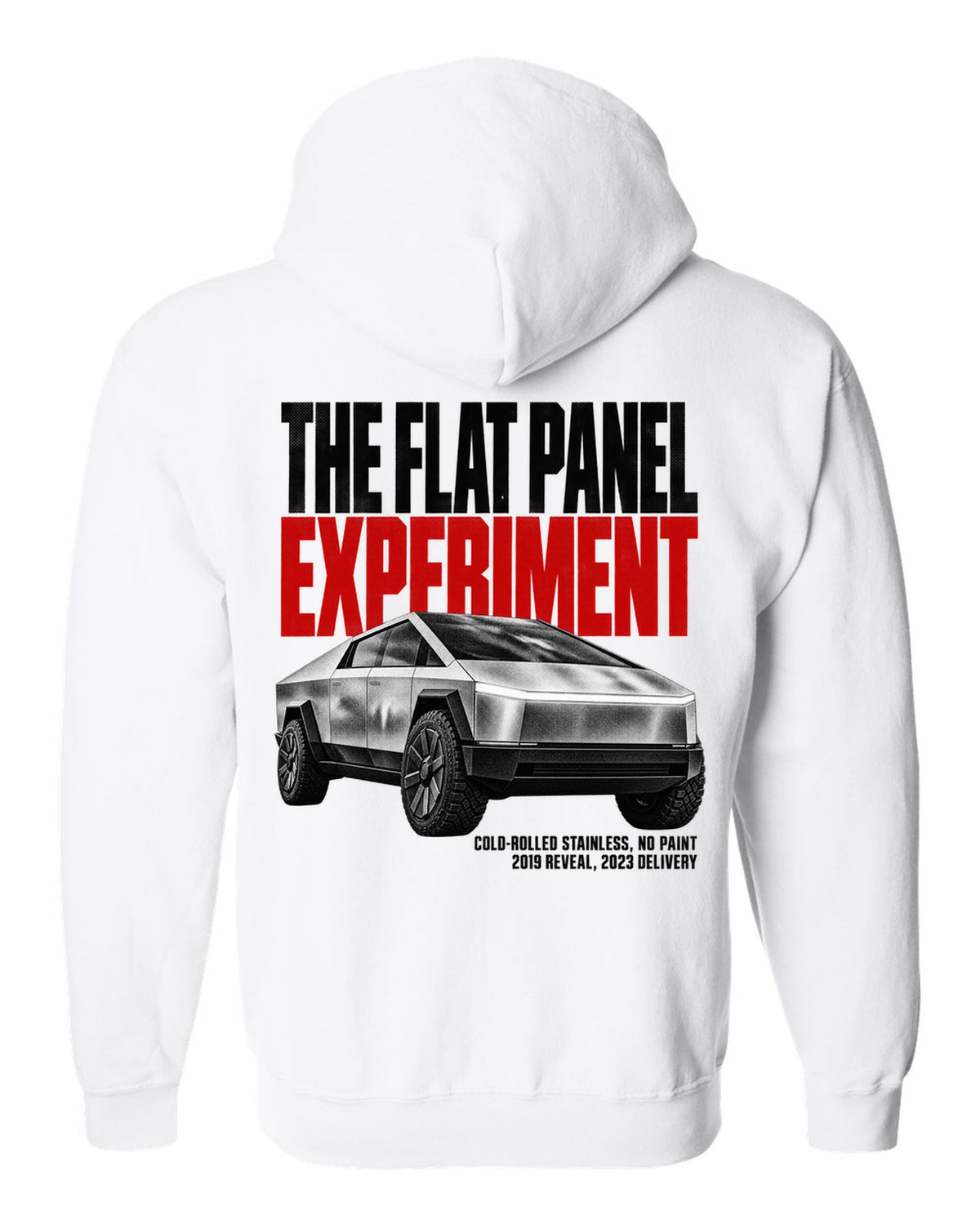 Halftone print of a 2023-24 Tesla Cybertruck with cold-rolled stainless text white zip hoodie back view with the design