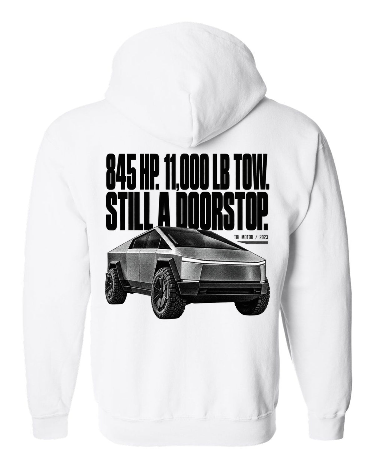 Halftone Tesla Cybertruck Cyberbeast front three-quarter with 845 HP and 11,000 lb tow text white zip hoodie back view with the design