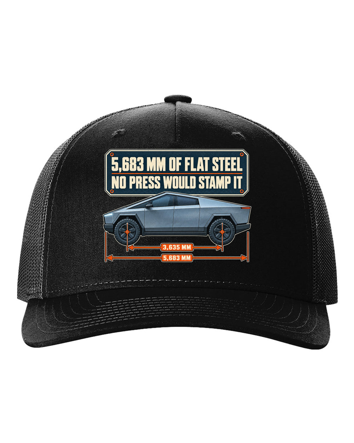 Dimension blueprint print of a Tesla Cybertruck with 5,683 mm length black hat front view with the design