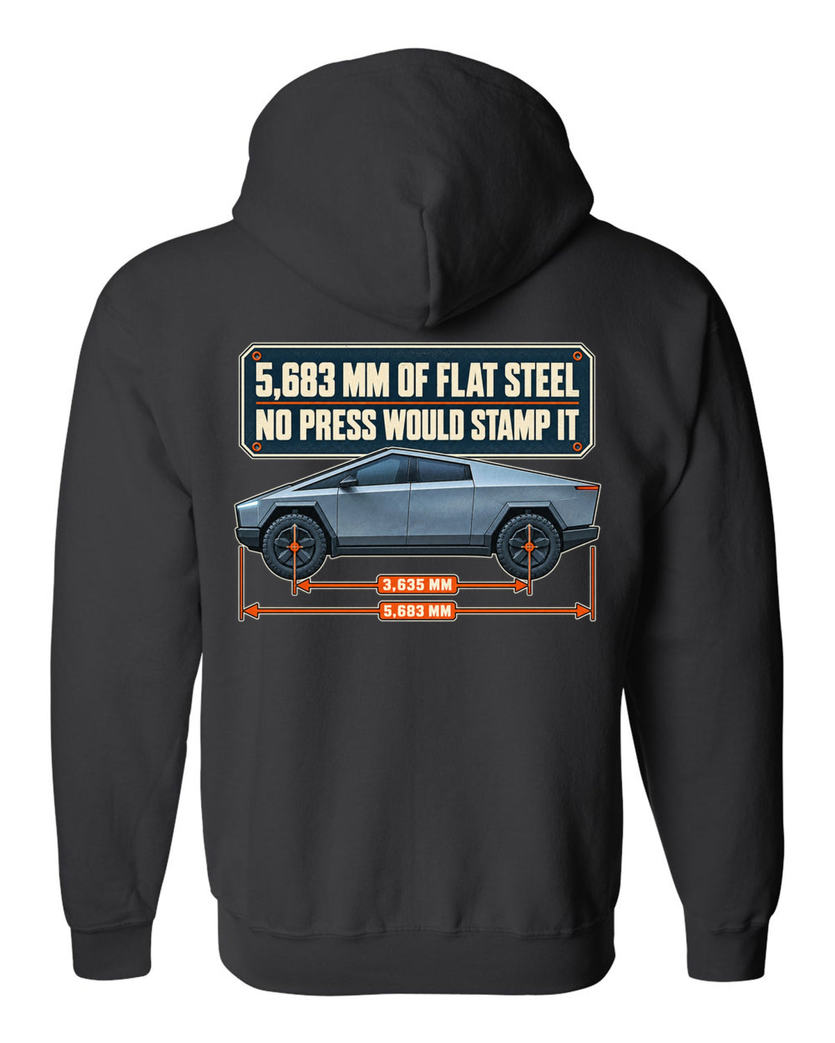 Dimension blueprint print of a Tesla Cybertruck with 5,683 mm length black zip hoodie back view with the design