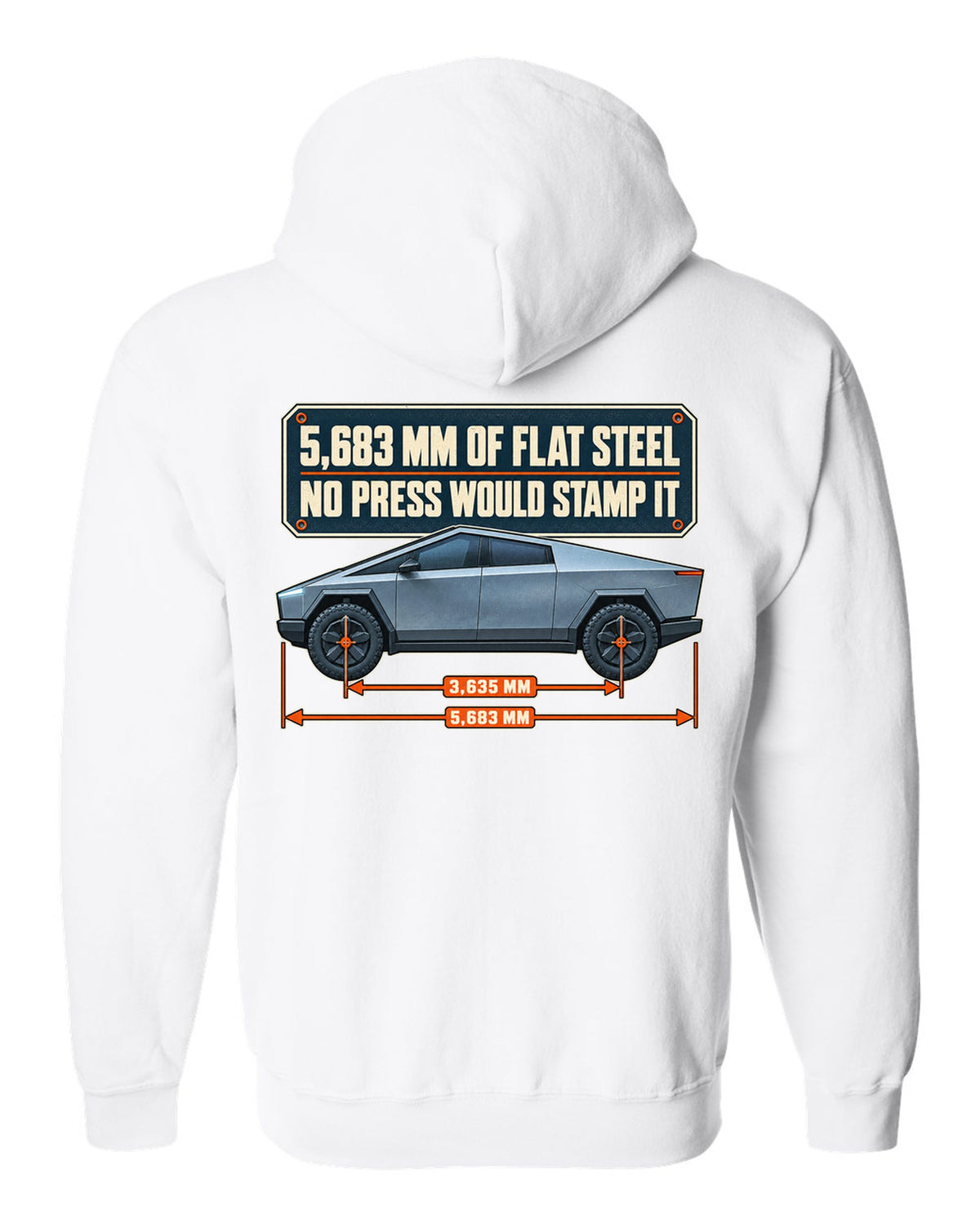 Dimension blueprint print of a Tesla Cybertruck with 5,683 mm length white zip hoodie back view with the design