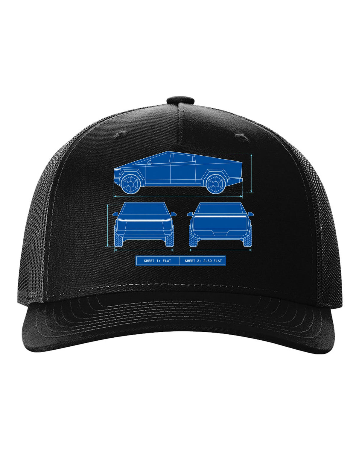 Technical blueprint line art of a 2023 Tesla Cybertruck with Sheet 1 Flat and Sheet 2 Also Flat lettering black hat front view with the design
