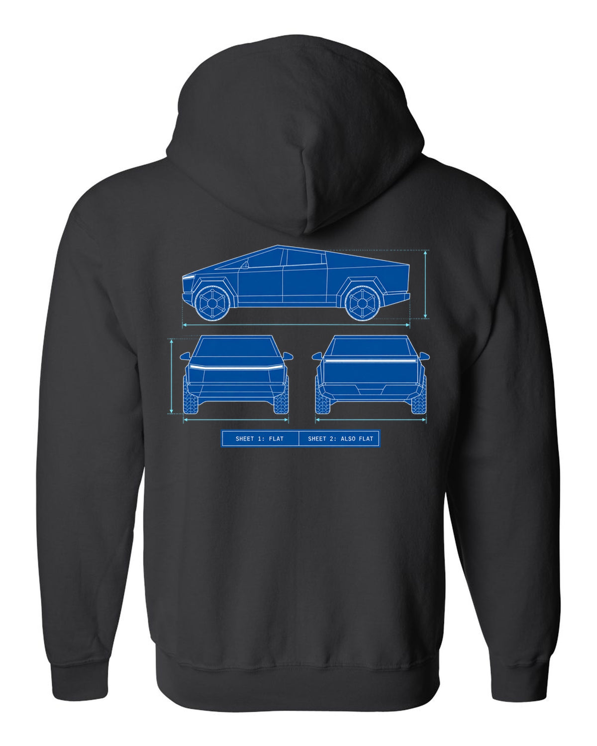 Technical blueprint line art of a 2023 Tesla Cybertruck with Sheet 1 Flat and Sheet 2 Also Flat lettering black zip hoodie back view with the design