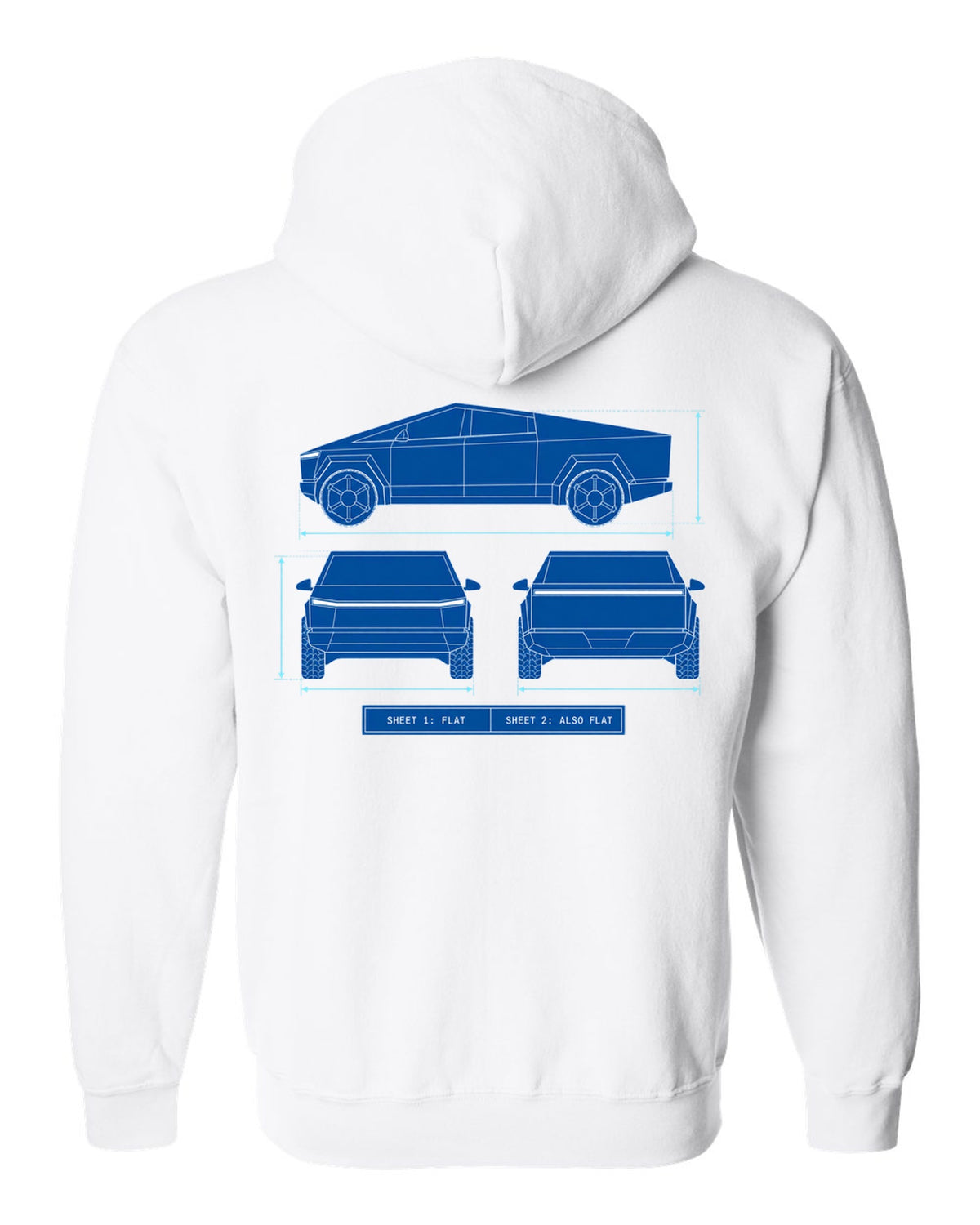 Technical blueprint line art of a 2023 Tesla Cybertruck with Sheet 1 Flat and Sheet 2 Also Flat lettering white zip hoodie back view with the design