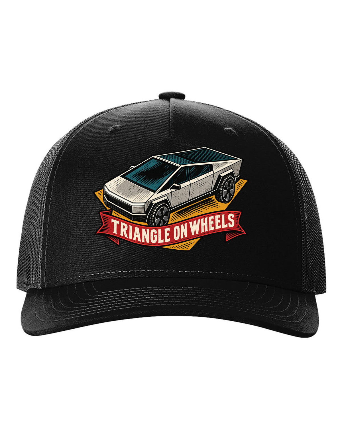 Bold linocut woodblock print of a 2023 Tesla Cybertruck with the words Triangle on Wheels black hat front view with the design