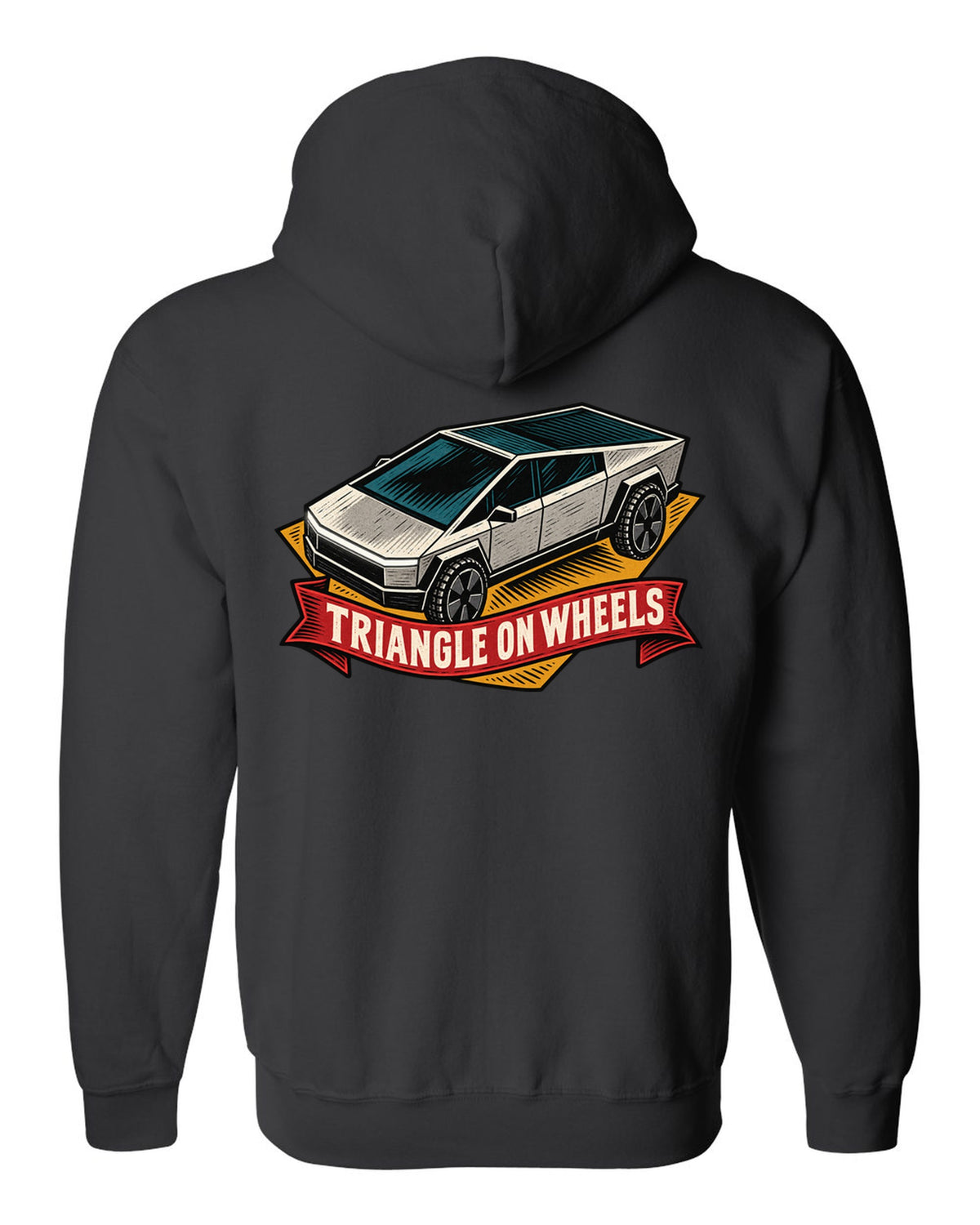 Bold linocut woodblock print of a 2023 Tesla Cybertruck with the words Triangle on Wheels black zip hoodie back view with the design