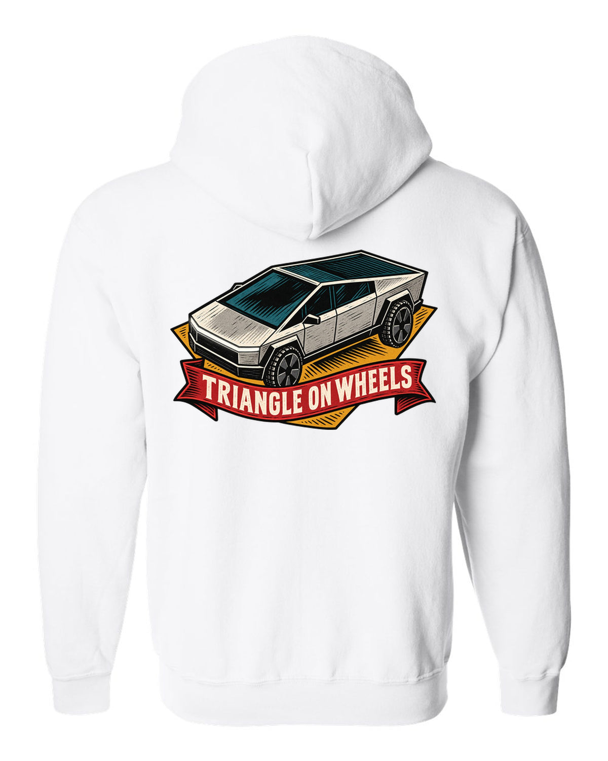 Bold linocut woodblock print of a 2023 Tesla Cybertruck with the words Triangle on Wheels white zip hoodie back view with the design