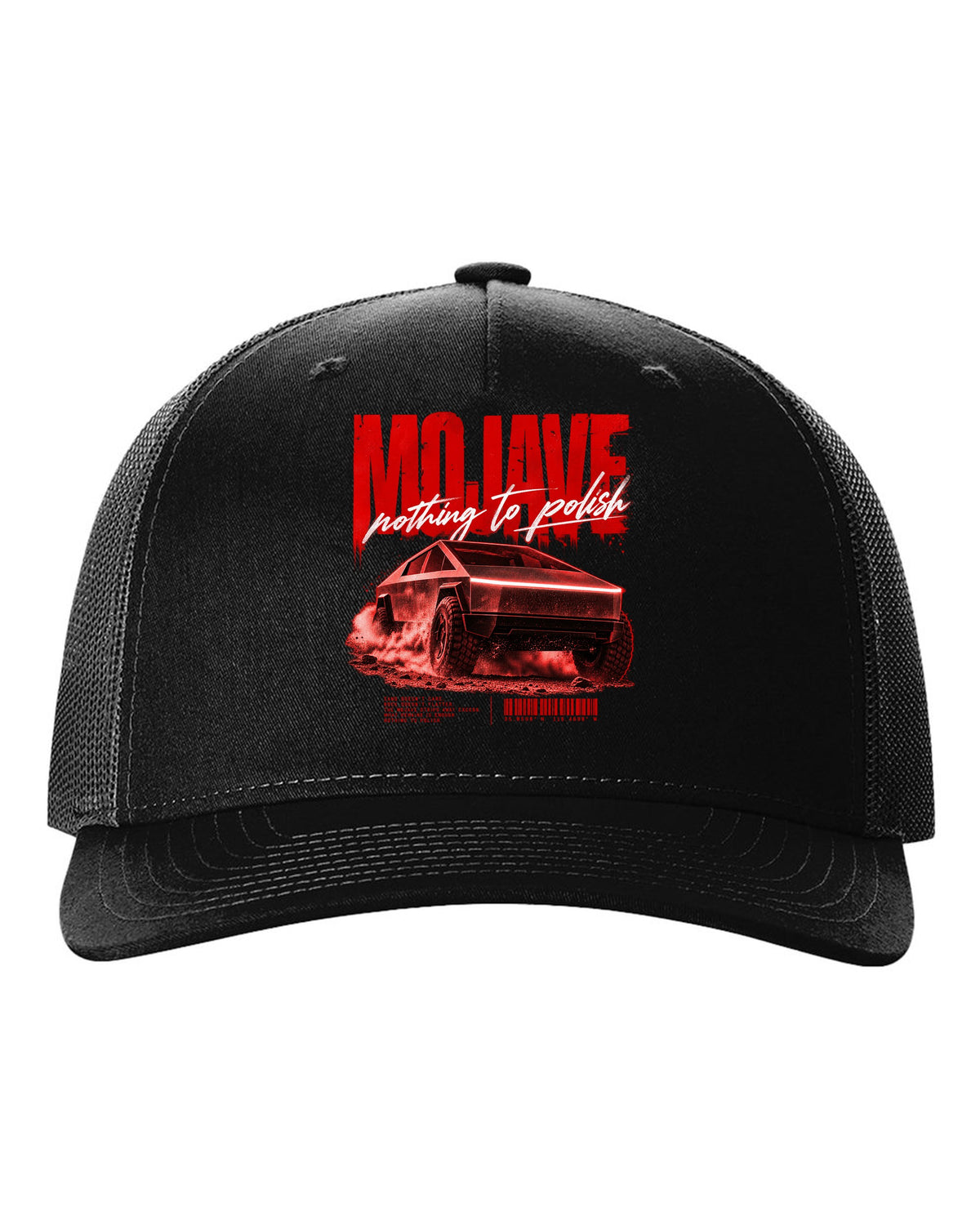 Tesla Cybertruck low front three-quarter on a Mojave desert road street poster black hat front view with the design