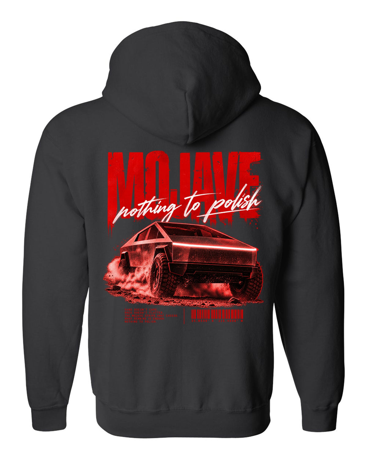 Tesla Cybertruck low front three-quarter on a Mojave desert road street poster black zip hoodie back view with the design