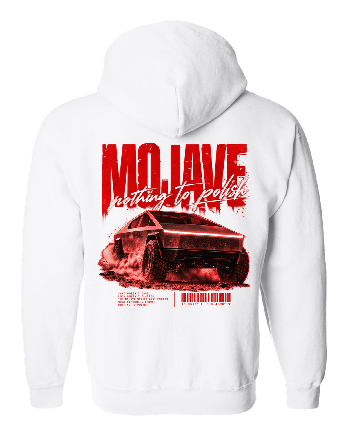 Tesla Cybertruck low front three-quarter on a Mojave desert road street poster white zip hoodie back view with the design