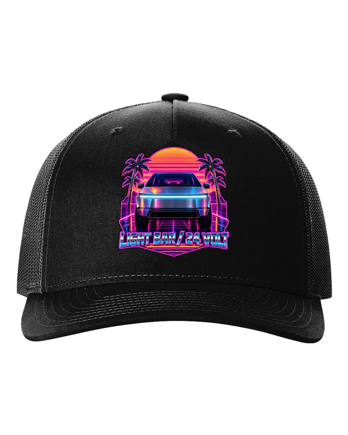 Neon synthwave outrun scene of a 2023 Tesla Cybertruck with the words Light Bar 24 Volt black hat front view with the design