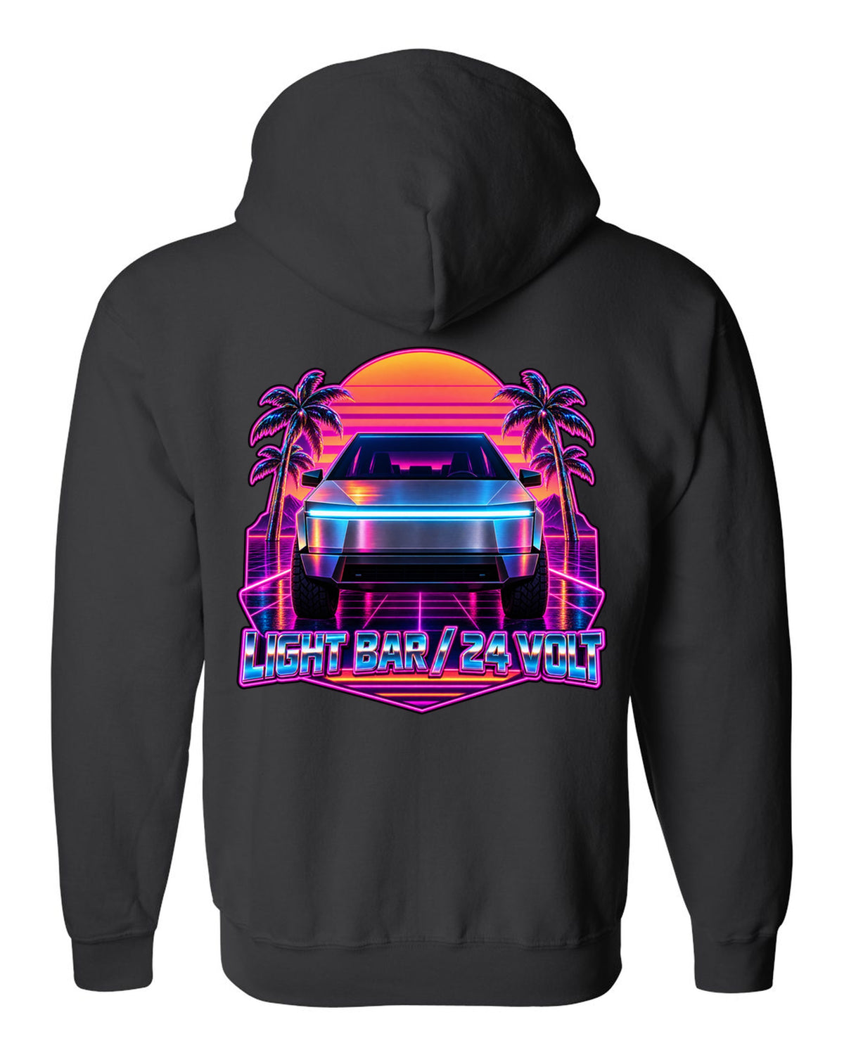 Neon synthwave outrun scene of a 2023 Tesla Cybertruck with the words Light Bar 24 Volt black zip hoodie back view with the design