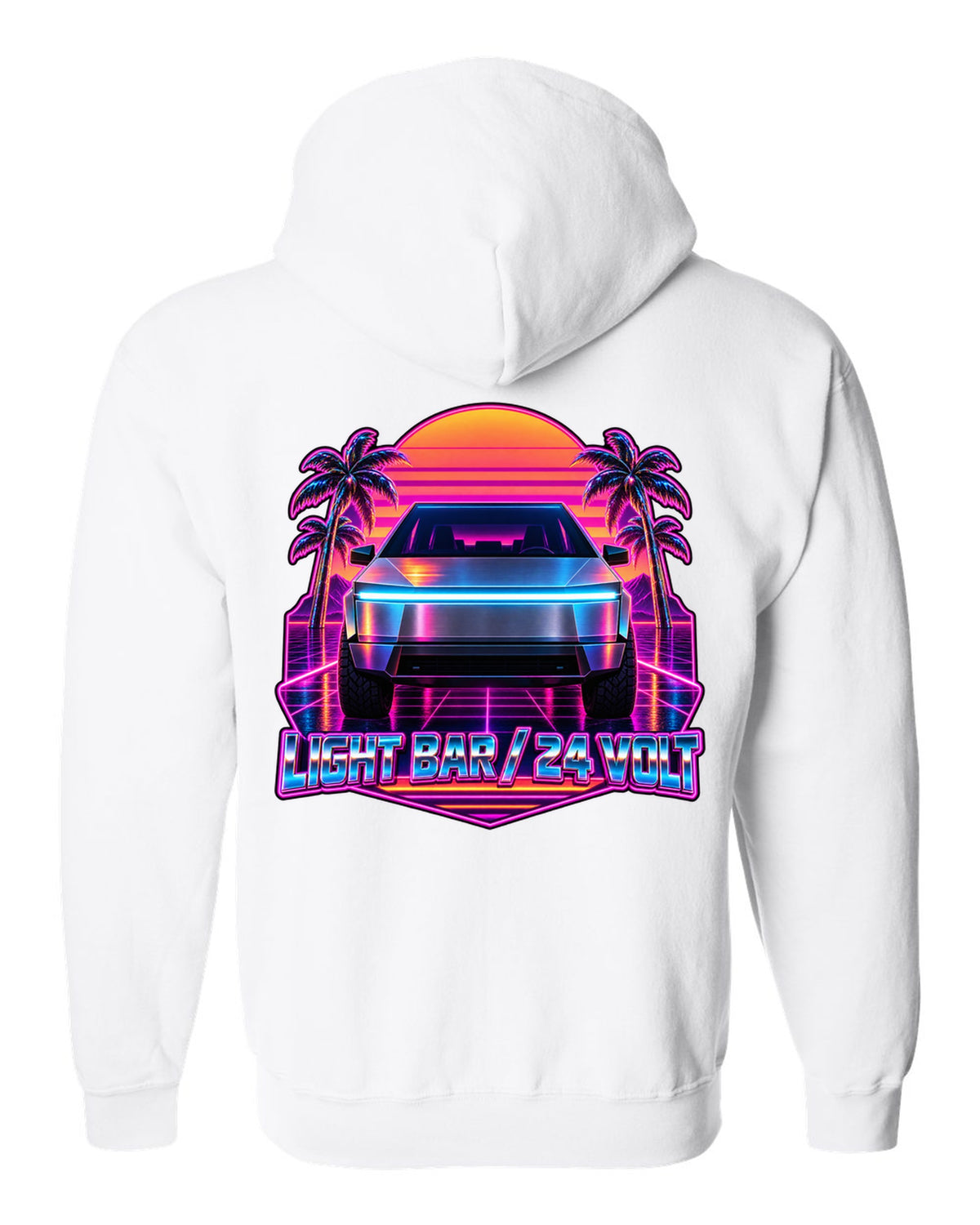 Neon synthwave outrun scene of a 2023 Tesla Cybertruck with the words Light Bar 24 Volt white zip hoodie back view with the design