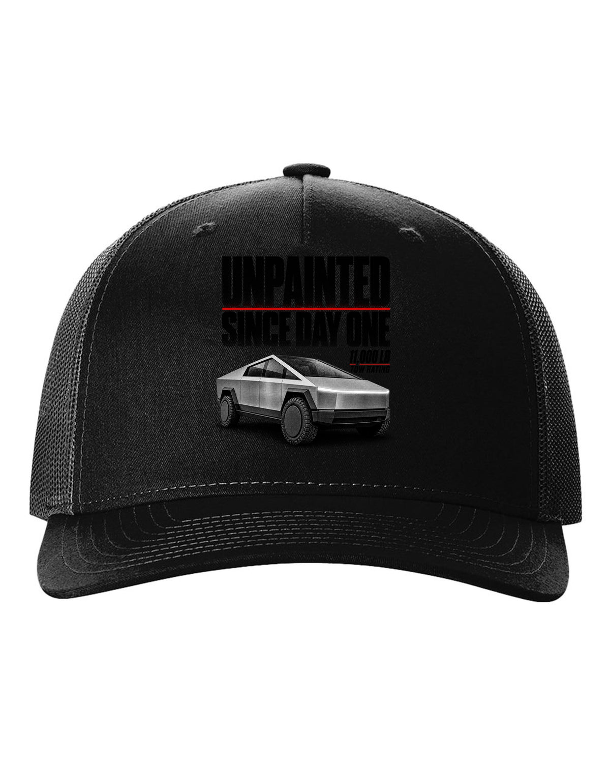 Halftone Tesla Cybertruck 2023 with unpainted since day one and 11,000 lb tow rating text black hat front view with the design