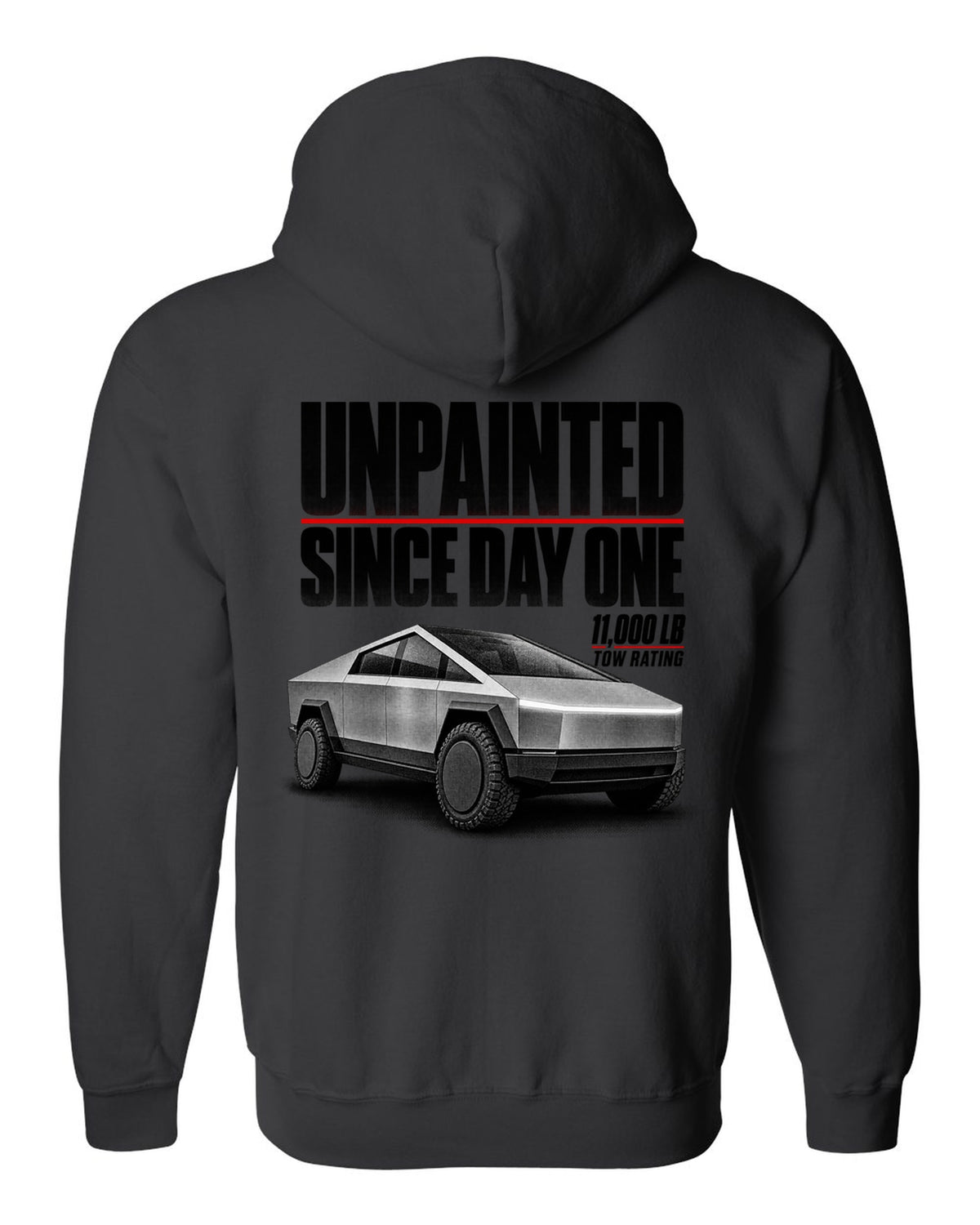 Halftone Tesla Cybertruck 2023 with unpainted since day one and 11,000 lb tow rating text black zip hoodie back view with the design