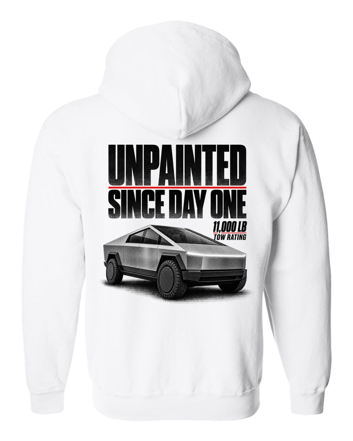 Halftone Tesla Cybertruck 2023 with unpainted since day one and 11,000 lb tow rating text white zip hoodie back view with the design