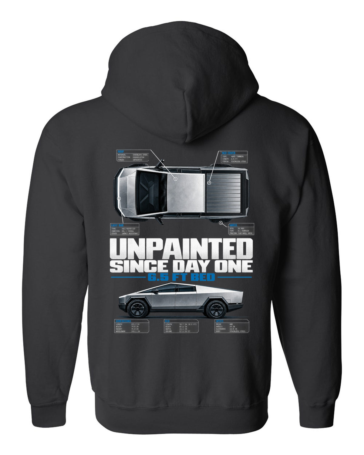 Tesla Cybertruck top-down and profile spec poster with unpainted since day one text black zip hoodie back view with the design