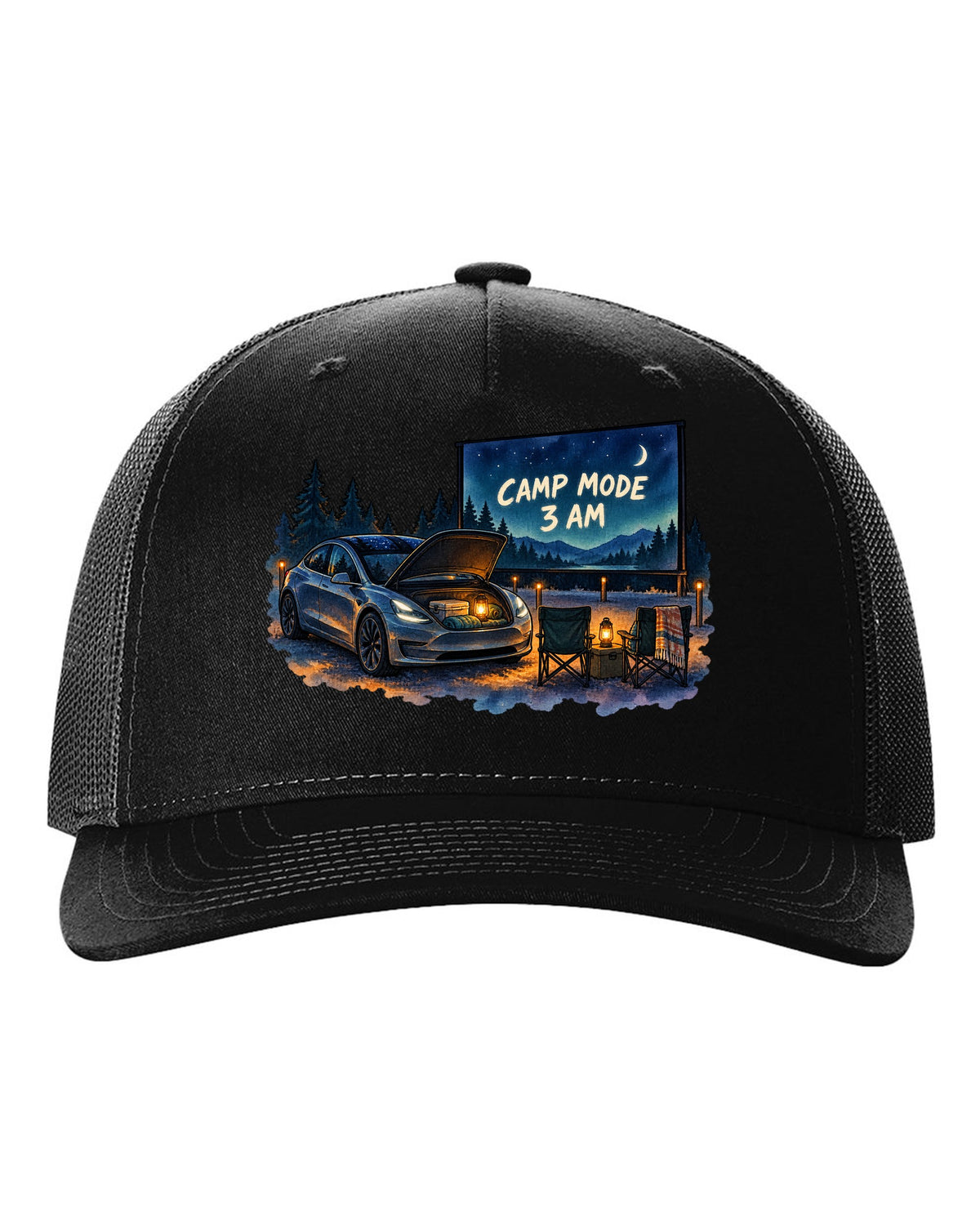 Watercolor wash print of a Tesla Model 3 with the words Camp Mode 3 AM black hat front view with the design