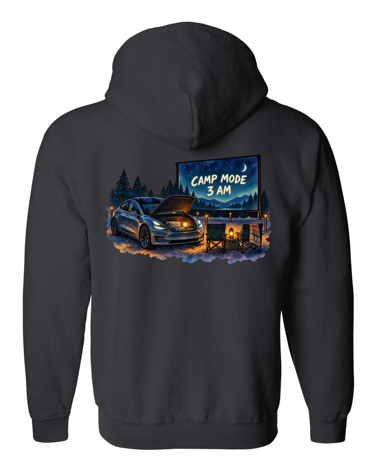 Watercolor wash print of a Tesla Model 3 with the words Camp Mode 3 AM black zip hoodie back view with the design