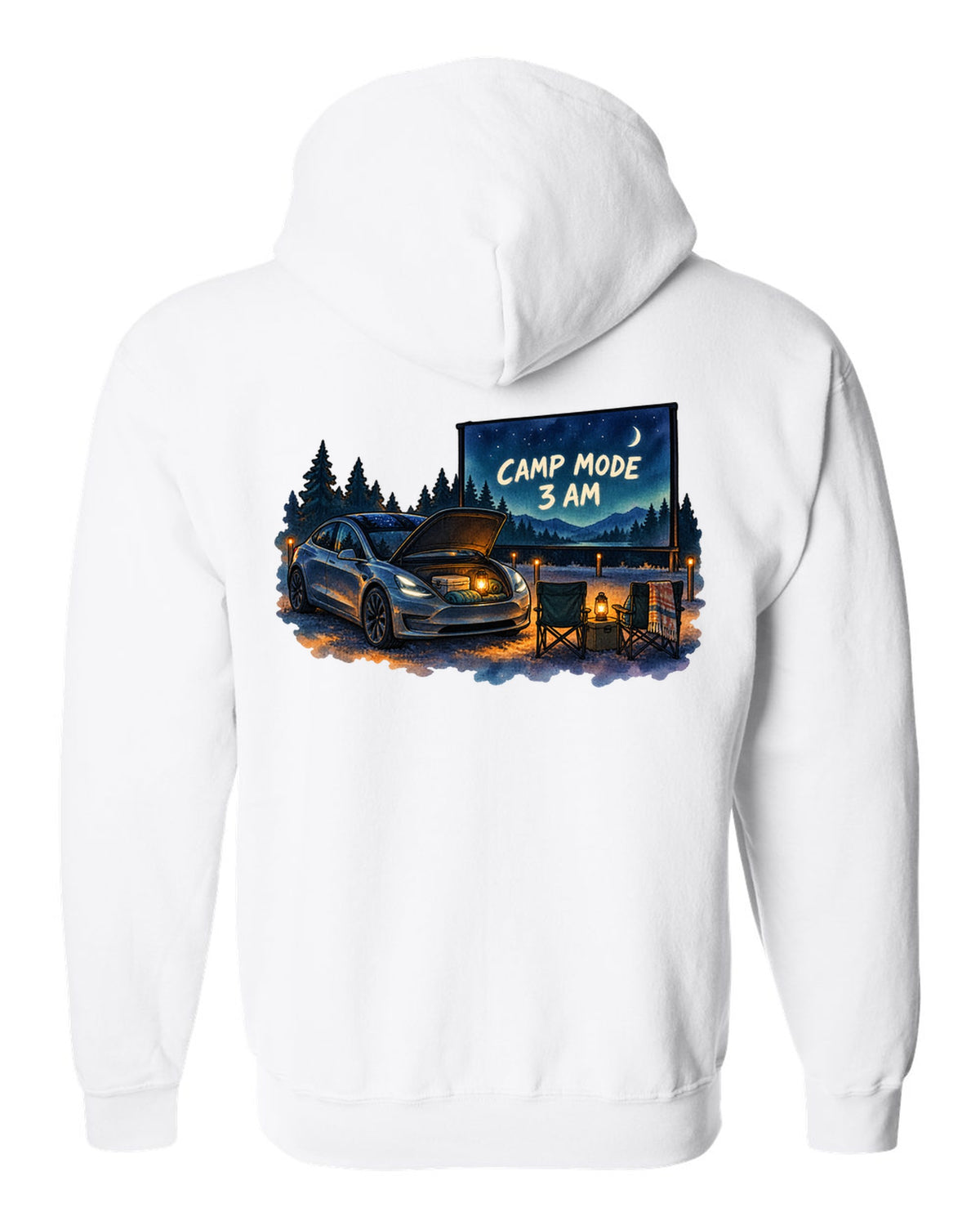 Watercolor wash print of a Tesla Model 3 with the words Camp Mode 3 AM white zip hoodie back view with the design