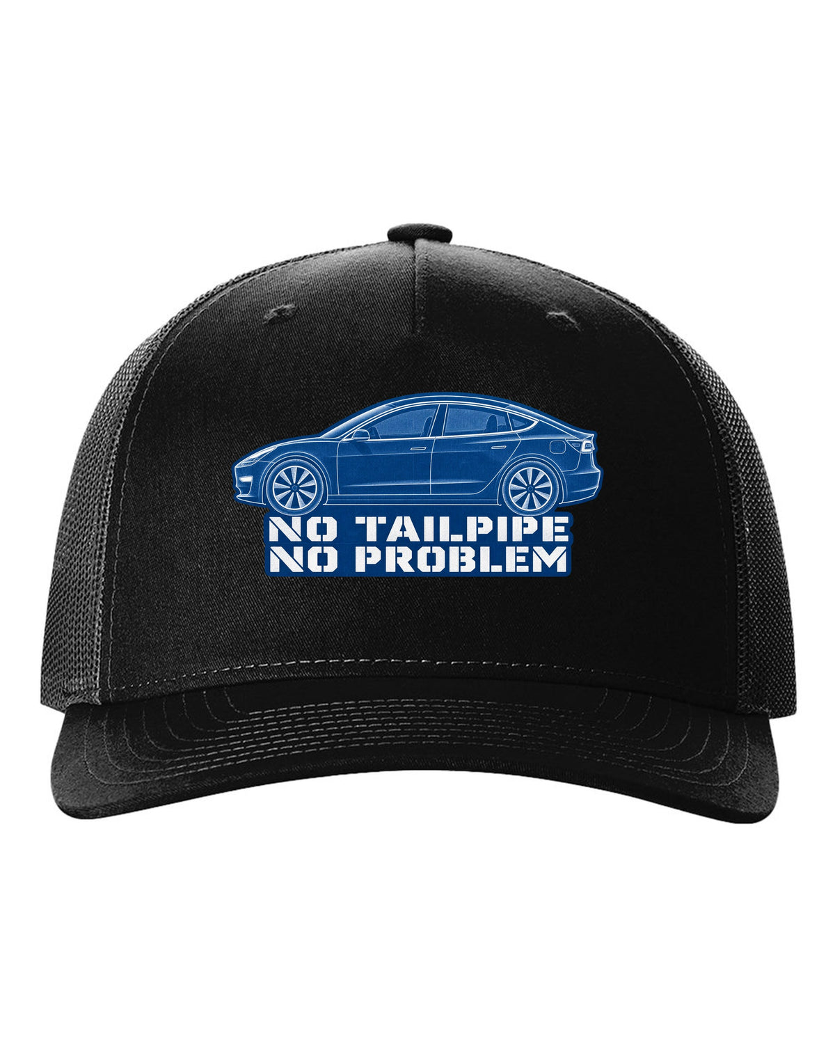 Cyanotype negative blueprint of a 2017-2023 Tesla Model 3 with the words No Tailpipe No Problem black hat front view with the design