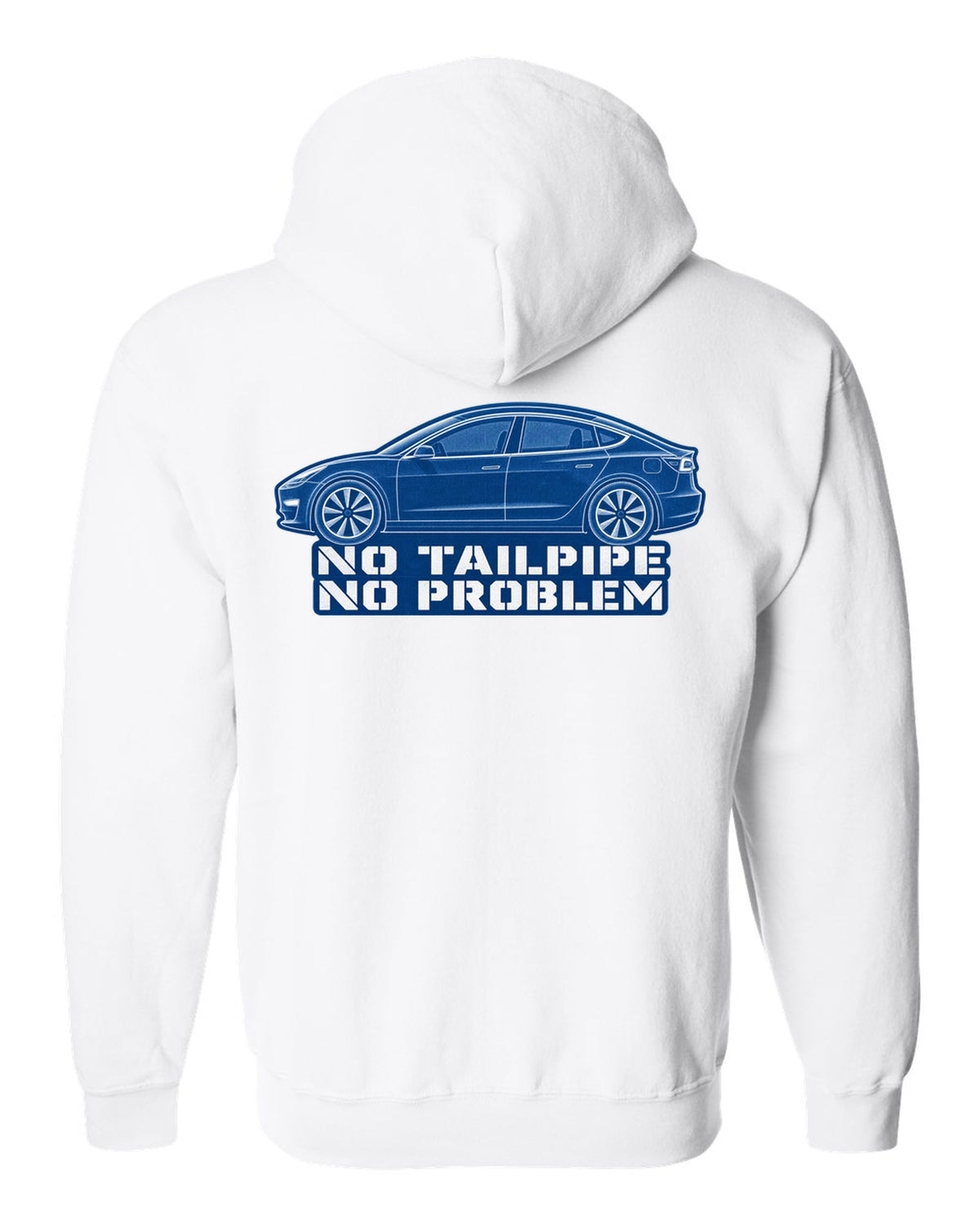 Cyanotype negative blueprint of a 2017-2023 Tesla Model 3 with the words No Tailpipe No Problem white zip hoodie back view with the design