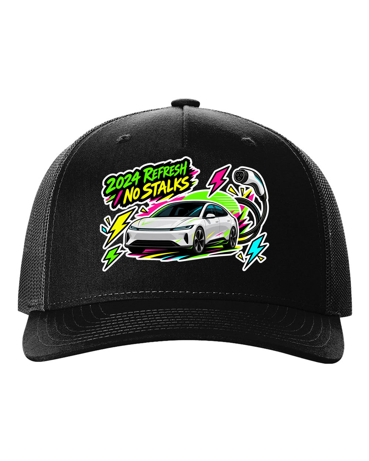Sticker bomb collage print of a Tesla Model 3 Highland with the text 2024 Refresh No Stalks black hat front view with the design