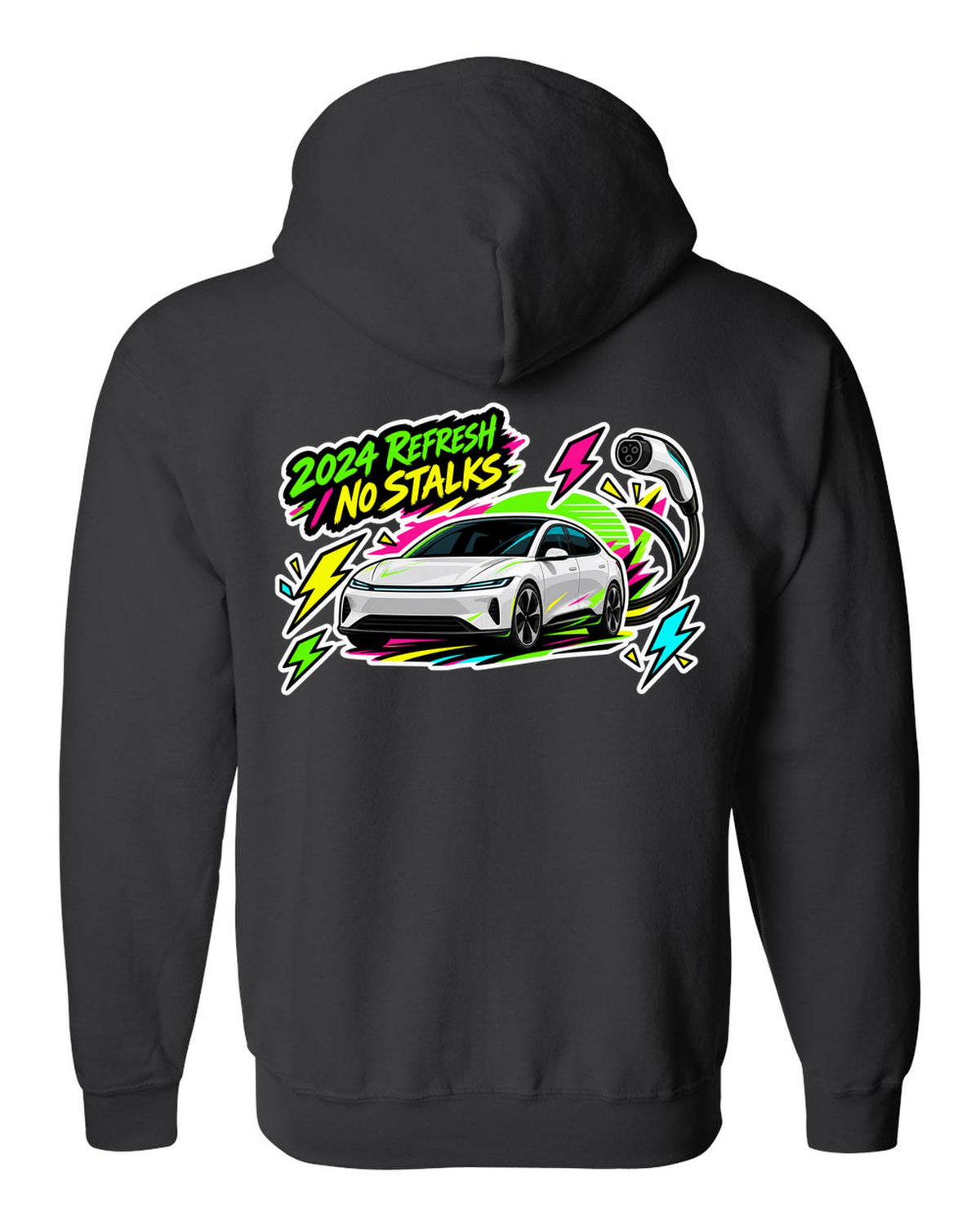 Sticker bomb collage print of a Tesla Model 3 Highland with the text 2024 Refresh No Stalks black zip hoodie back view with the design