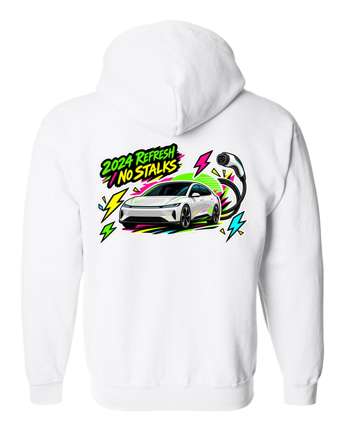 Sticker bomb collage print of a Tesla Model 3 Highland with the text 2024 Refresh No Stalks white zip hoodie back view with the design