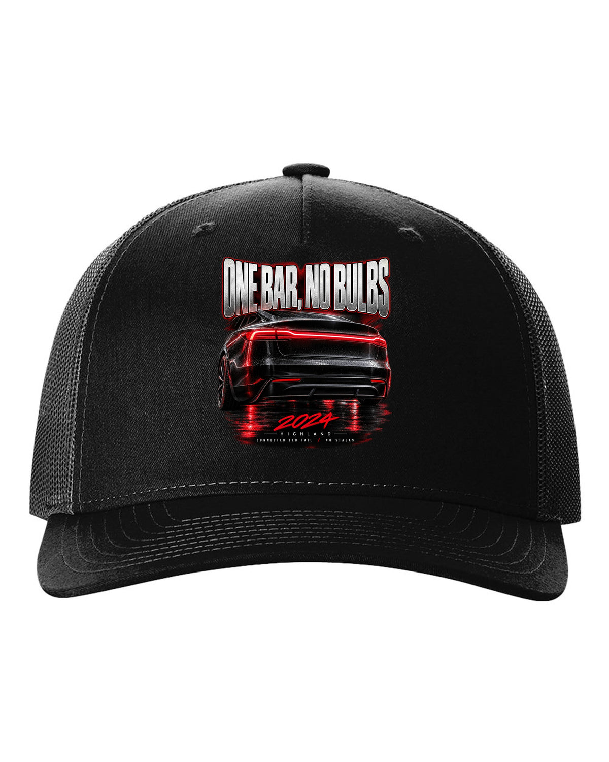 Taillight macro print of a 2024 Tesla Model 3 Highland connected LED tail black hat front view with the design