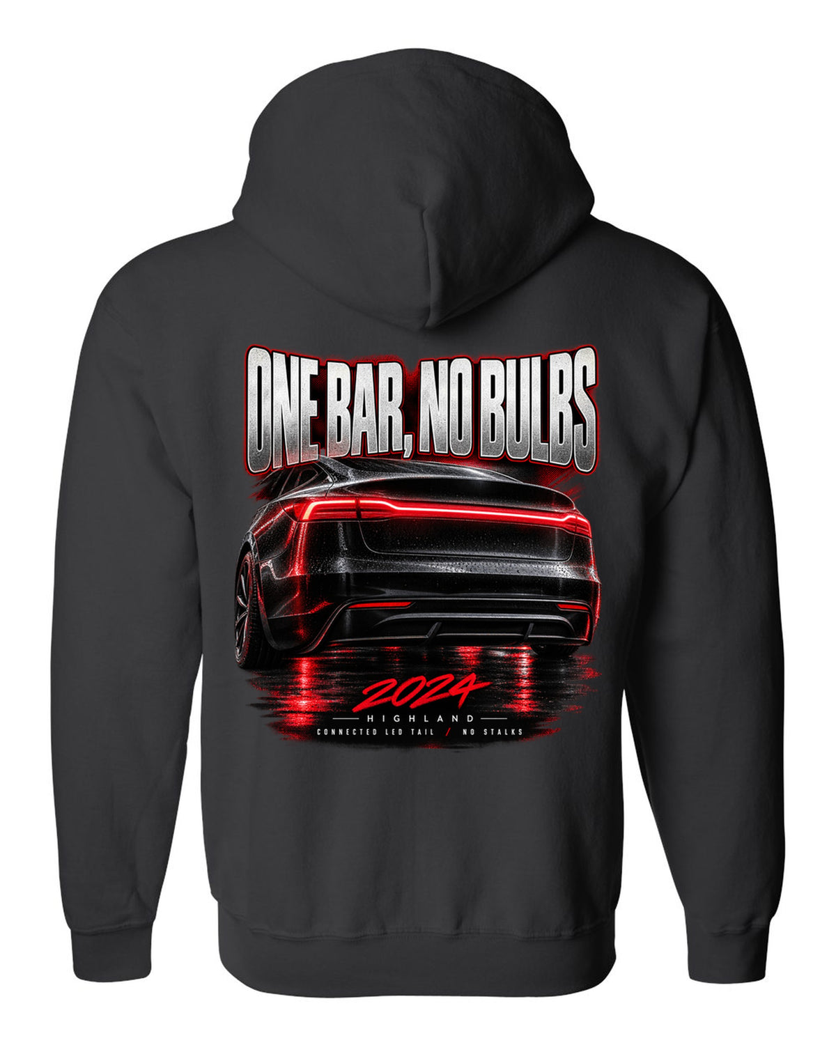 Taillight macro print of a 2024 Tesla Model 3 Highland connected LED tail black zip hoodie back view with the design