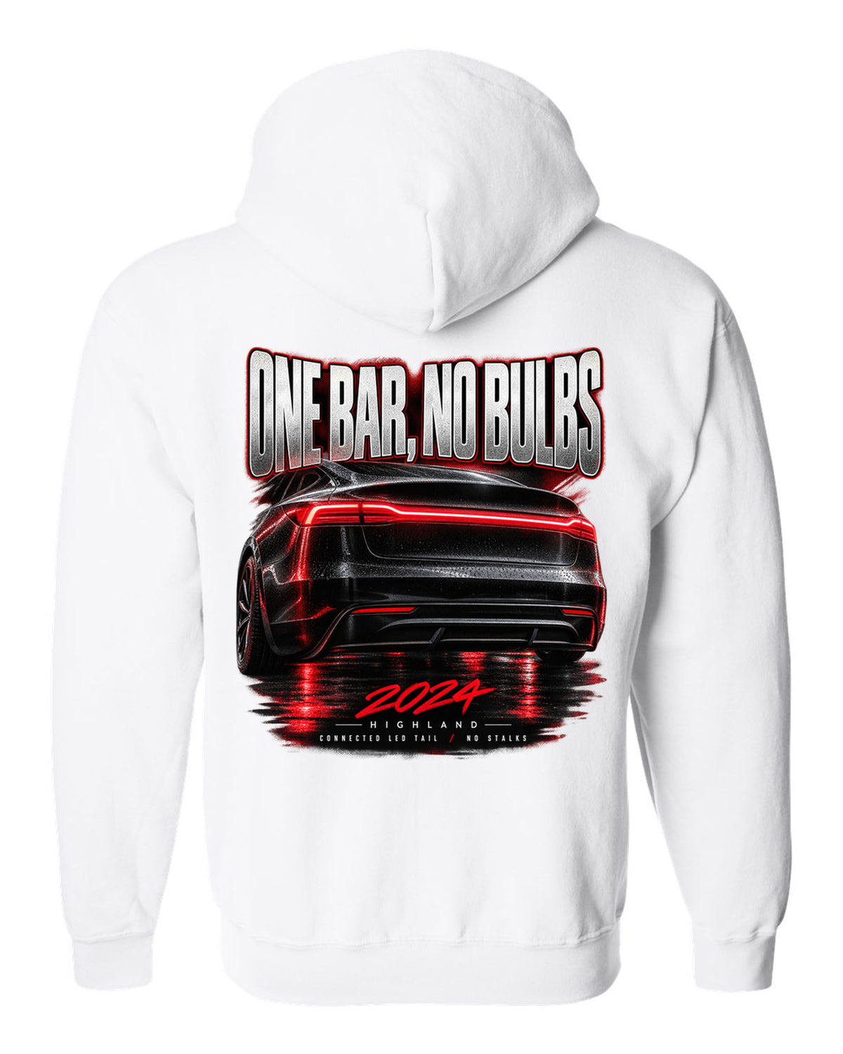 Taillight macro print of a 2024 Tesla Model 3 Highland connected LED tail white zip hoodie back view with the design