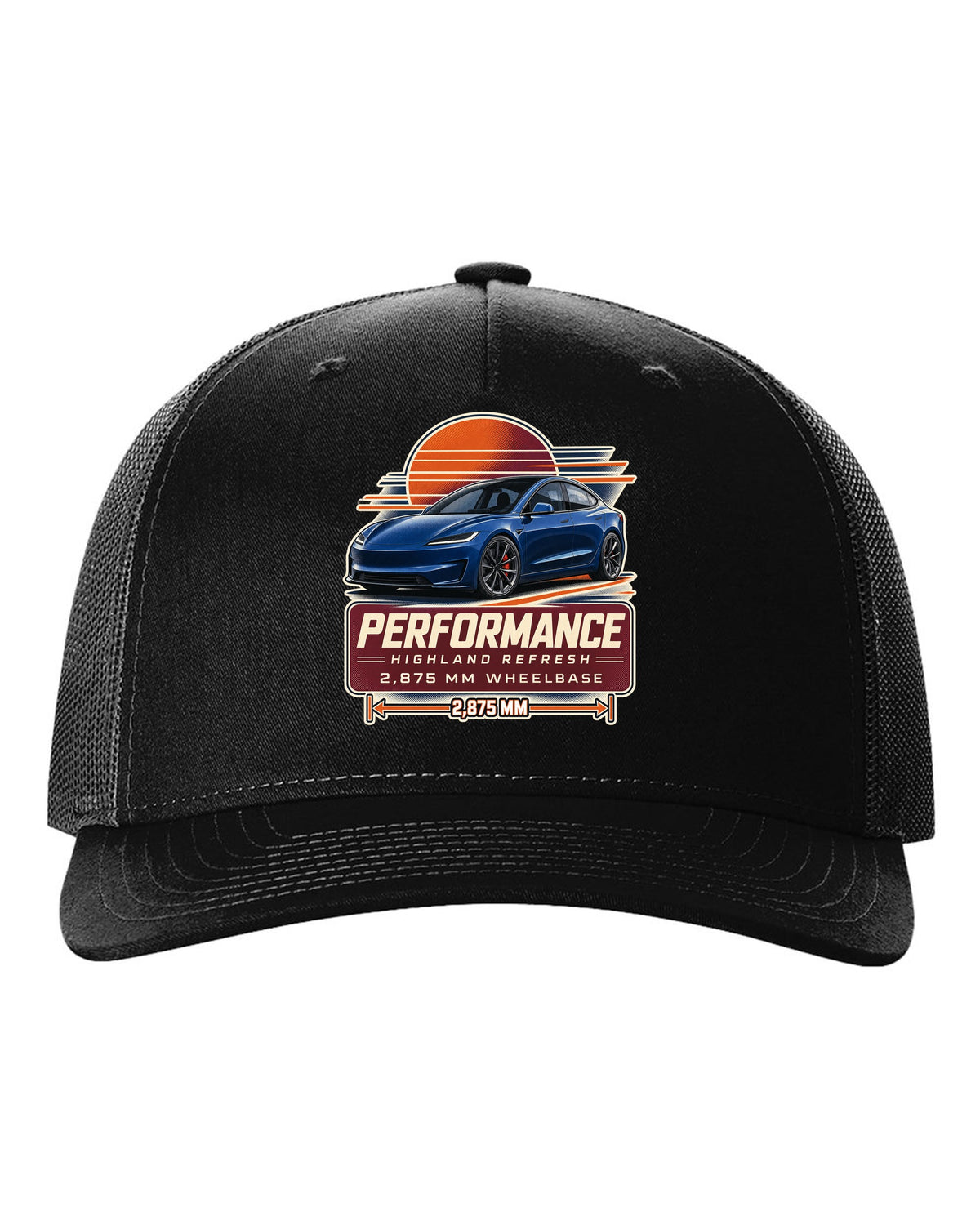 Spec poster print of a Tesla Model 3 Performance Highland refresh black hat front view with the design