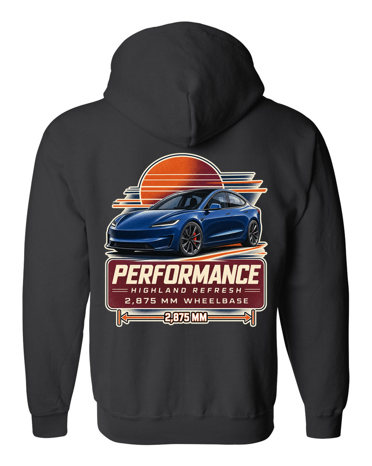 Spec poster print of a Tesla Model 3 Performance Highland refresh black zip hoodie back view with the design